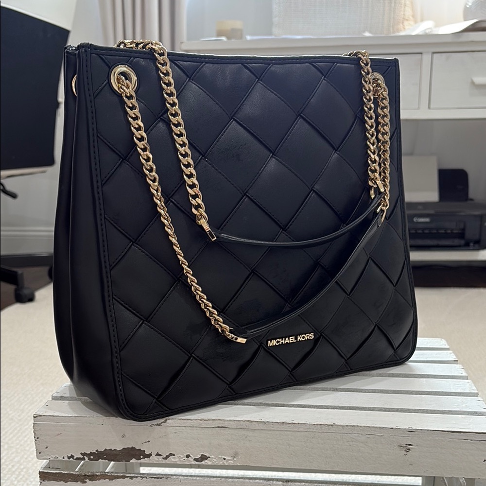 Michael kors black woven crossbody satchel purse